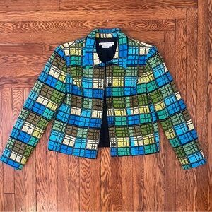 Maggy London Blue, Green & Yellow Plaid Cropped Jacket